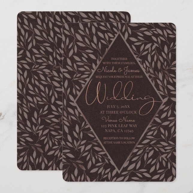 Convites Folhas de Rosa Chocolate Botânico Casamento (Frente/Verso)