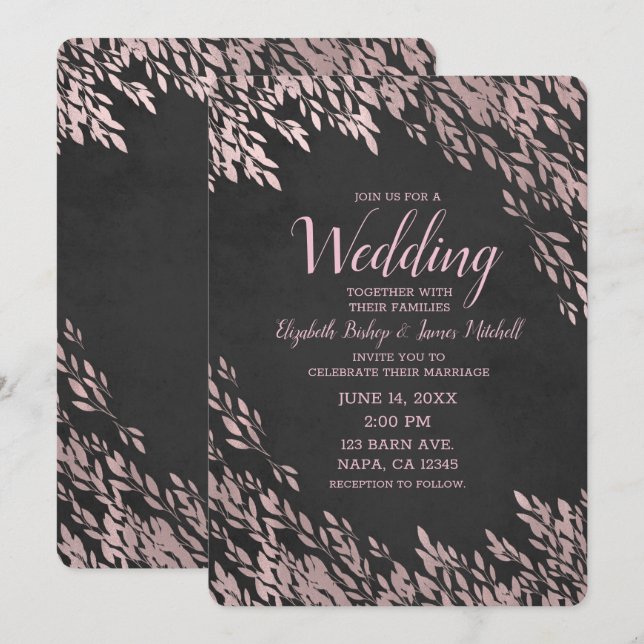 Convites Folhas de Rosa Dourada Preto Giz Chic Casamento Rú (Frente/Verso)