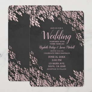 Convites Folhas de Rosa Dourada Preto Giz Chic Casamento Rú