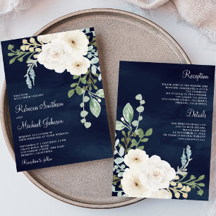 Convites Folhas de Sálvia Floral Marfim Azul Marinho Tudo e