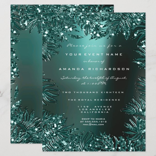 Convites Folhas De Samambaia Cristais Emoldurados Aquático  (Frente/Verso)