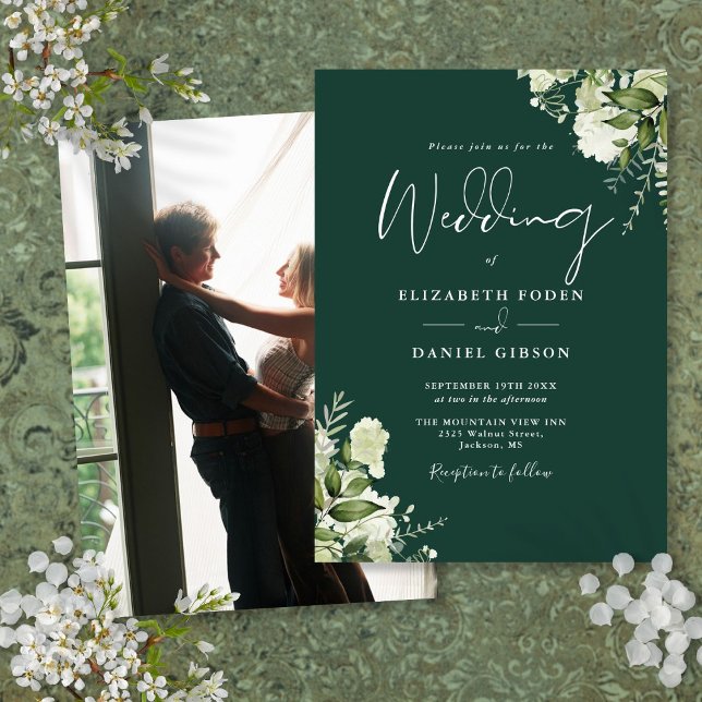 Convites Folhas de Verdura Esmeralda Elegante Fotografia Ca (Emerald Greenery Leaves Elegant Photo Wedding Invitation)