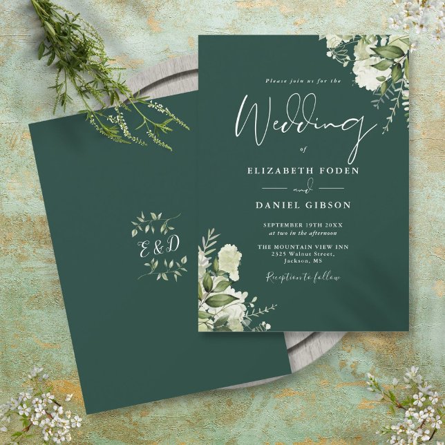 Convites Folhas de Verdura Esmeralda Monograma de Casamento (Emerald Greenery Leaves Monogram Wedding Invitation)