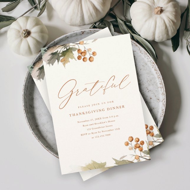 Convites Folhas de Verdura Folhagem Jantar de Ação de Graça (An elegant rustic thanksgiving dinner invitation with watercolor foliage and leaves.)