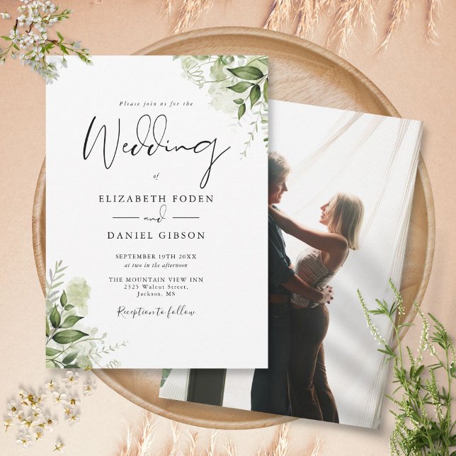 Convites Folhas de Verdura Rústica Casamento Foto Elegante (Rustic Greenery Leaves Elegant Photo Wedding Invitation)