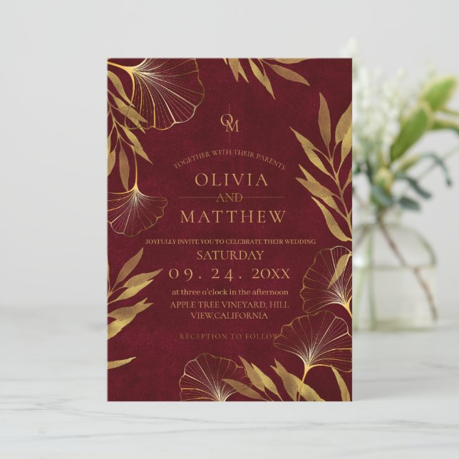 Convites Folhas Douradas/Casamento Dourado e Borgonha (Em pé/Frente)