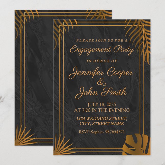 Convites Folhas Douradas de tendência e Noivado de quadros  (Frente/Verso)