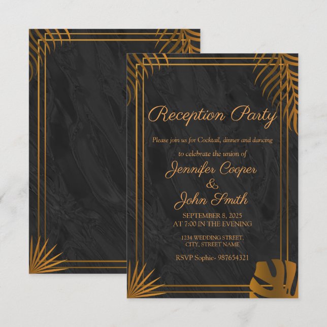 Convites Folhas Douradas e Moldura Geométrica Recepção Mode (Frente/Verso)