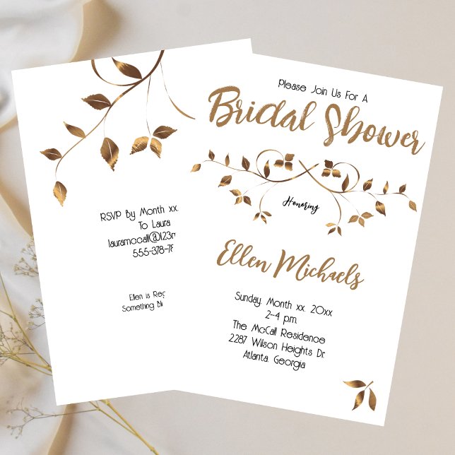 Convites Folhas Douradas Elegantes de chás de panela (Bridal Shower Elegant Gold Leaves Invitation)
