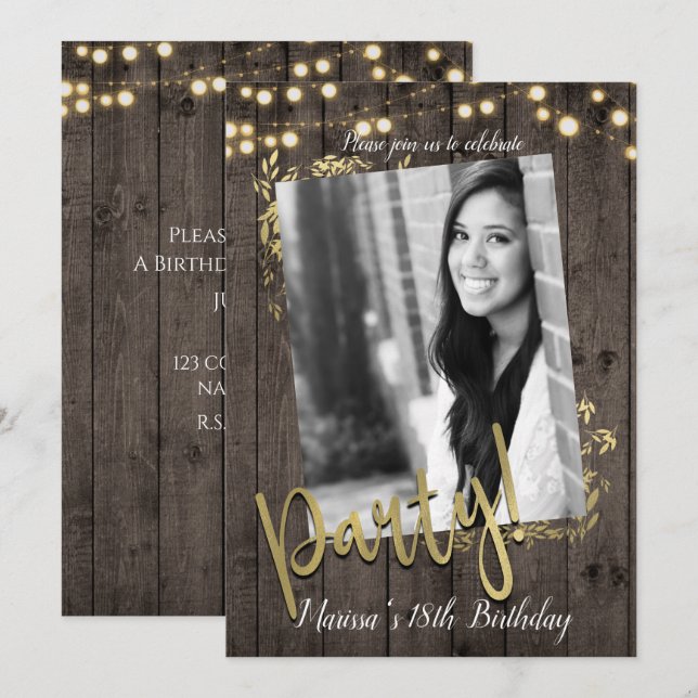 Convites Folhas Douradas Luzes Madeira Escura Festa de Aniv (Frente/Verso)