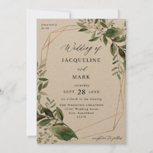 Convites Folhas e Eucalyptus Dourado Wedding Kraft