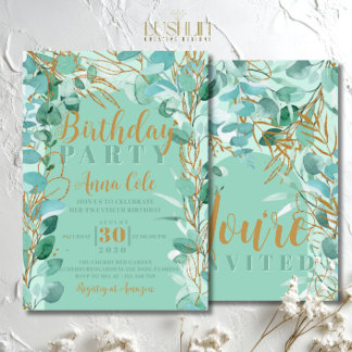 Convites Folhas Elegantes de Verde Sálvia para Aniversário