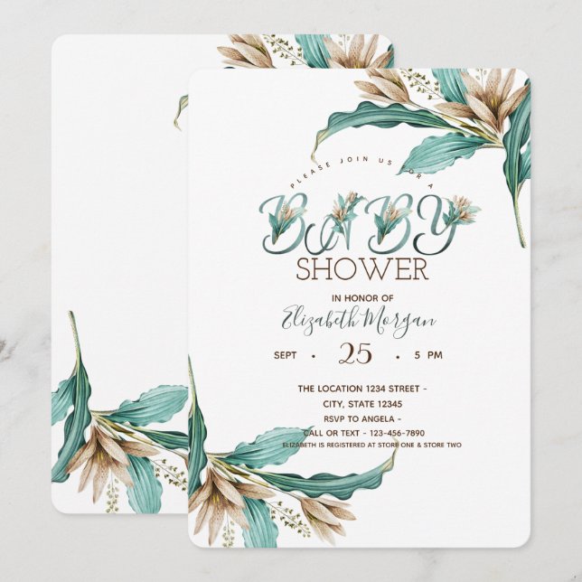 Convites Folhas em Aquarela Chá de Bebê Boho (Frente/Verso)