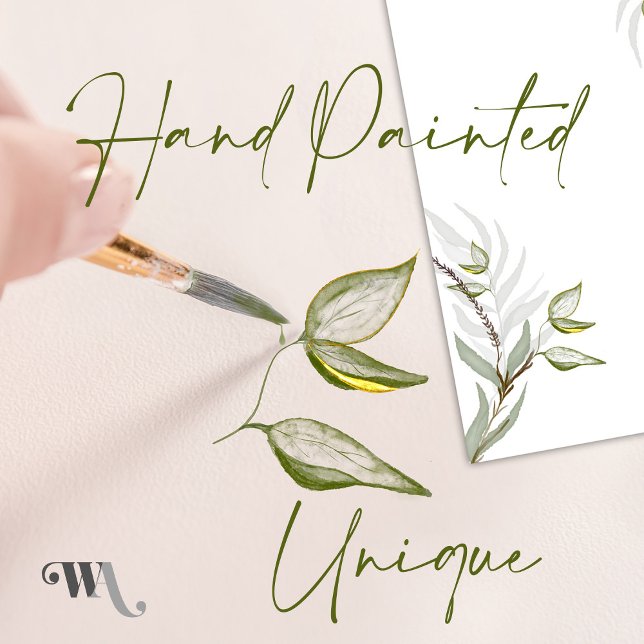 Convites Folhas em Aquarela Verde Sálvia e Dourado (Unique watercolor hand painted design)