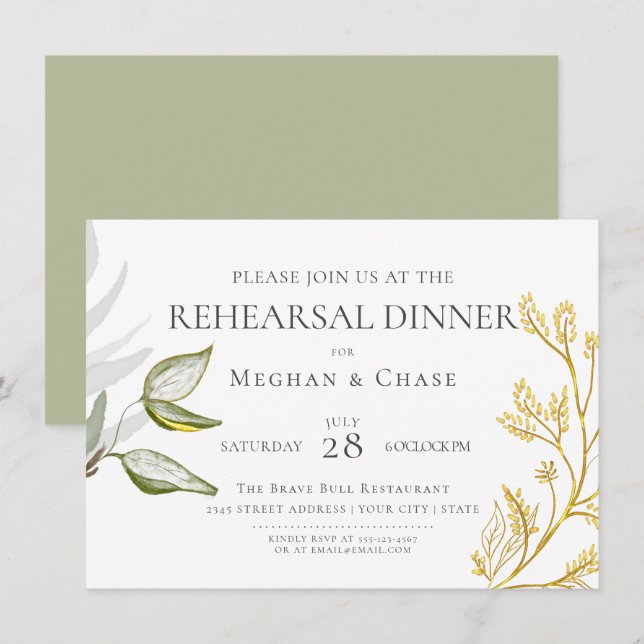 Convites Folhas em Dourado e Verde Salvia (Frente/Verso)