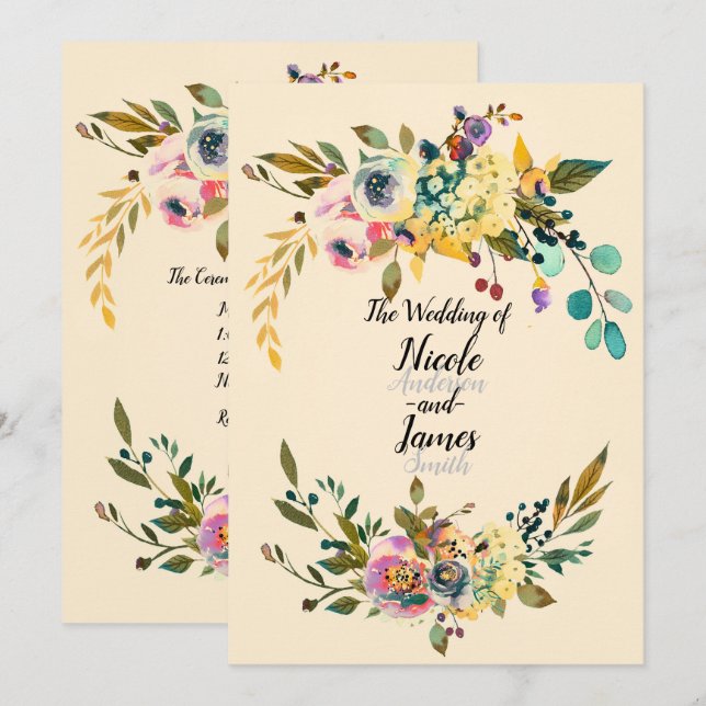 Convites Folhas Florais Botânicas Vintage Creme Casamento (Frente/Verso)