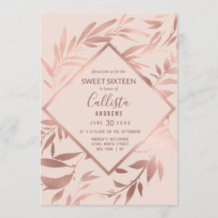 Convites Folhas Florais Cor-de-Rosa Dourada Elegante Doce 1