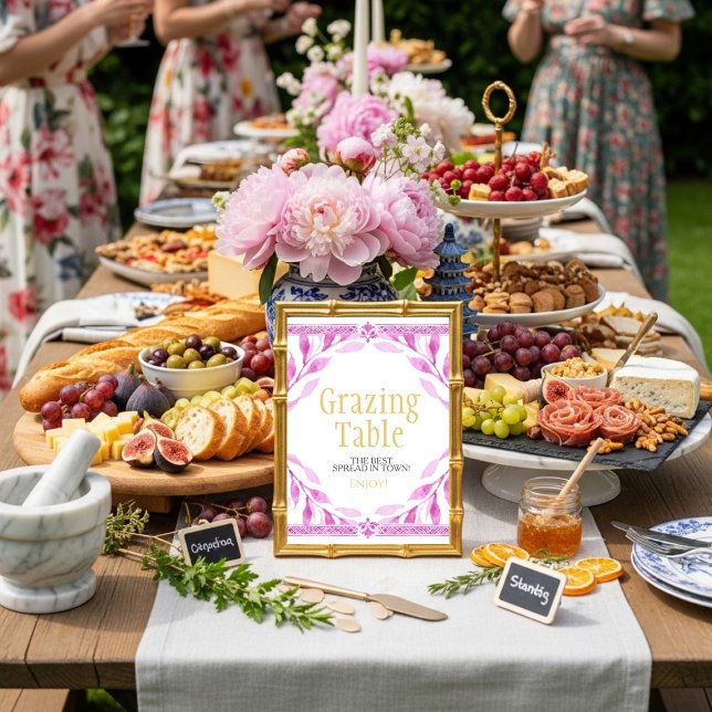 Convites Folhas florais cor-de-rosa "Grazing Table"  Sinal (Pink floral leaves "Grazing Table" Sign)