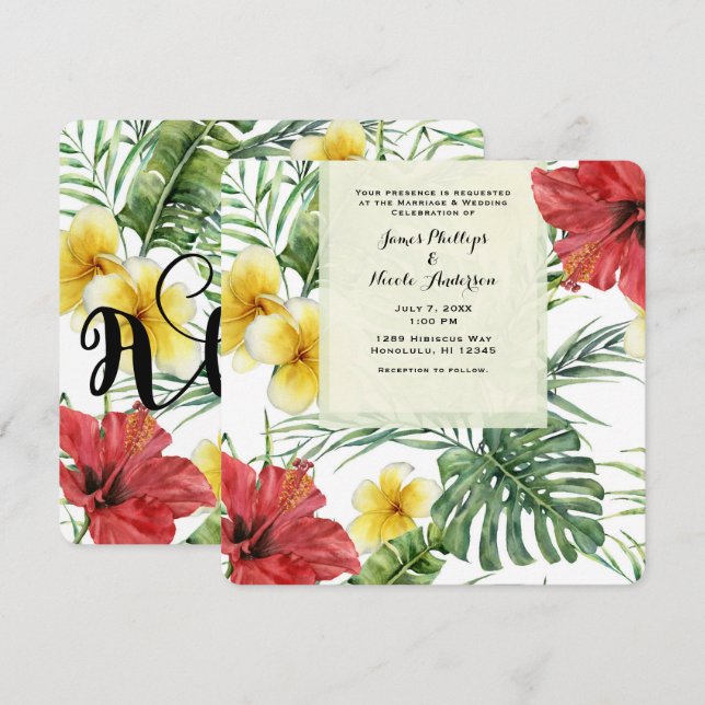 Convites Folhas & Flores Botânicas Tropicais Floral Aloha (Frente/Verso)