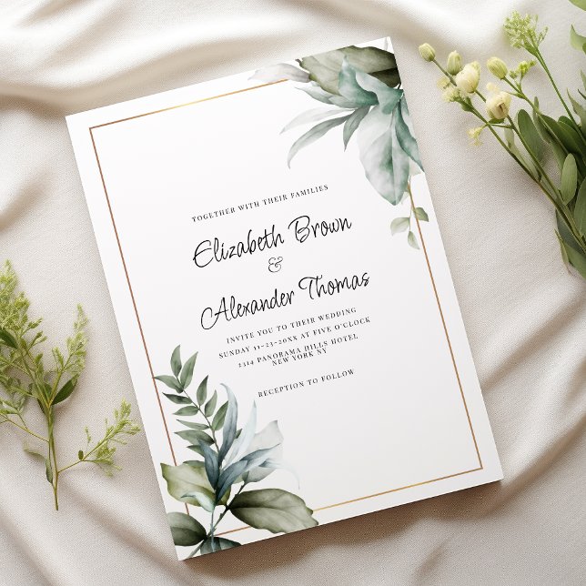 Convites Folhas lindas de ouro verde pastel casamento flora (Pastel green gold beautiful leaves floral wedding)