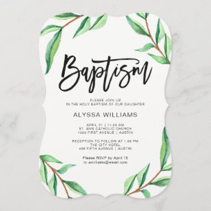 Convites Folhas minimalistas do verde no baptismo branco