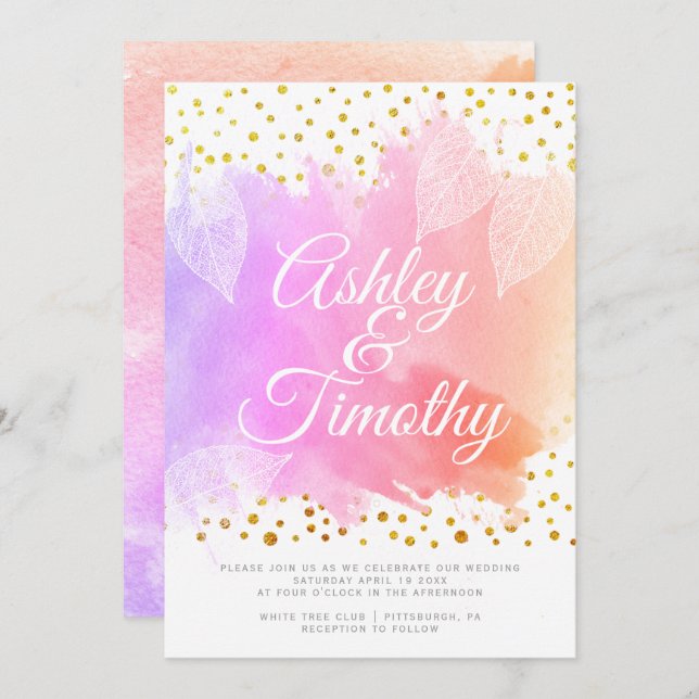 Convites Folhas no casamento da caligrafia cor-de-rosa (Frente/Verso)