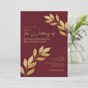 Convites Folhas Nostálgicas Burgundy e Dourado Casamento El