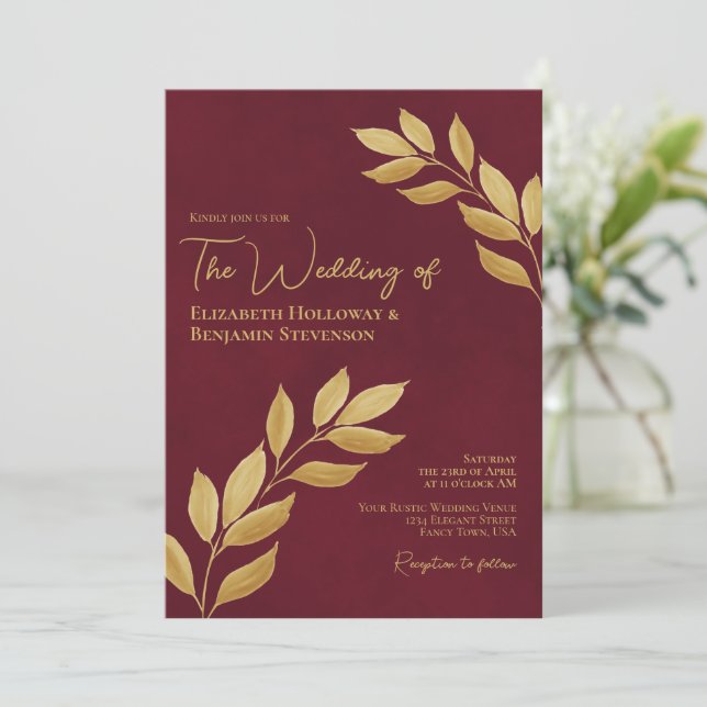 Convites Folhas Nostálgicas Burgundy e Dourado Casamento El (Em pé/Frente)