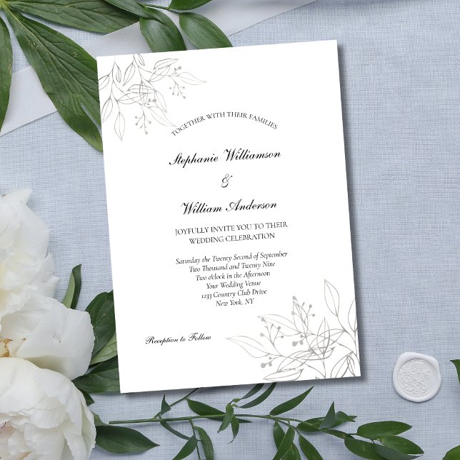 Convites Folhas Prateadas Elegante Formal Moderno Chic Casa (Silver Leaves Floral Botanical Wedding Invitation, Modern Minimalist Printed or Digital Download)
