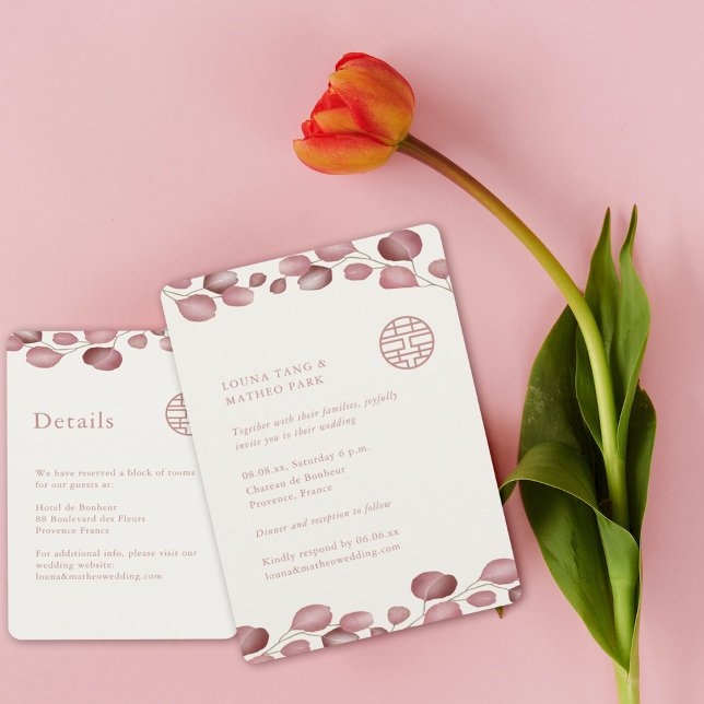 Convites Folhas Rosa Bege Dupla Felicidade Casamento Chinês (Criador carregado)
