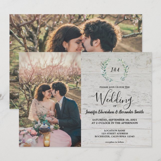 Convites Folhas russas sobre o monograma de madeira de cele (Frente/Verso)