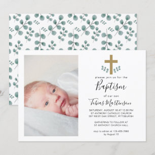 Convites Folhas Simples de Eucalipto com Foto de Batismo Cr