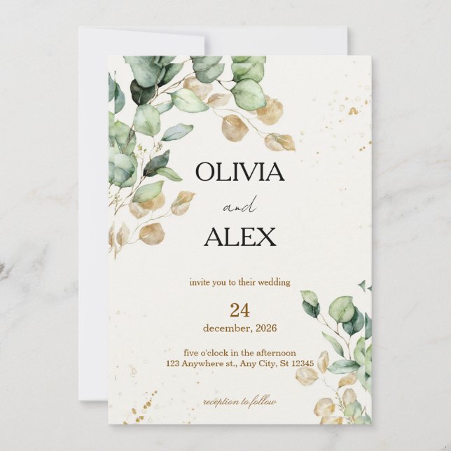 Convites Folhas Simples de Eucalipto Dourado Casamento Dupl (Frente)