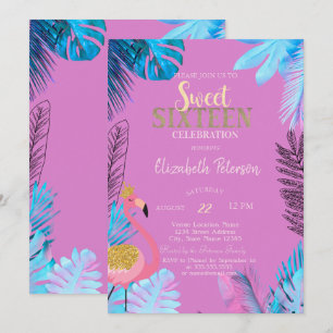 Convites Folhas Tropicais Azuis Flamingos Rosa Sweet 16