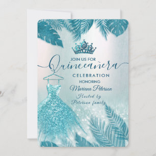 Convites Folhas tropicais azuis tiara Quinceañera