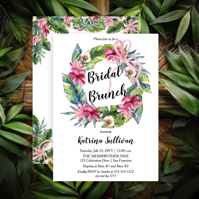 Convites Folhas tropicais | Brunch Floral Bridal, Arco Rosa (Boho Tropical Leaves and Pink Ribbons Floral Bridal Brunch Invitation - Print | Digital)