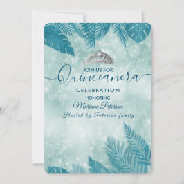 Convites Folhas tropicais de boque azul tiara Quinceañera