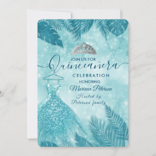 Convites Folhas tropicais de boque azul tiara Quinceañera