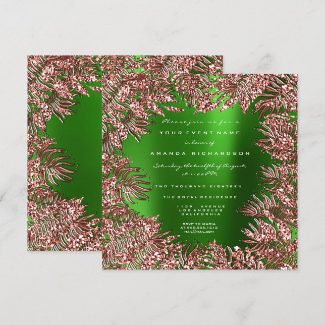 Convites Folhas Tropicais de Fern Frame Rosa de Cobre Doura (Frente/Verso)