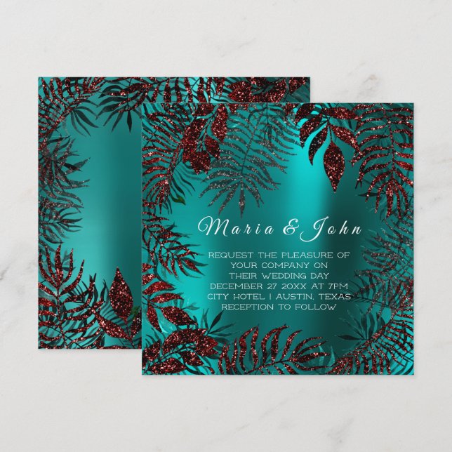 Convites Folhas Tropicais De Jardim Glitter Borgonha Teal (Frente/Verso)