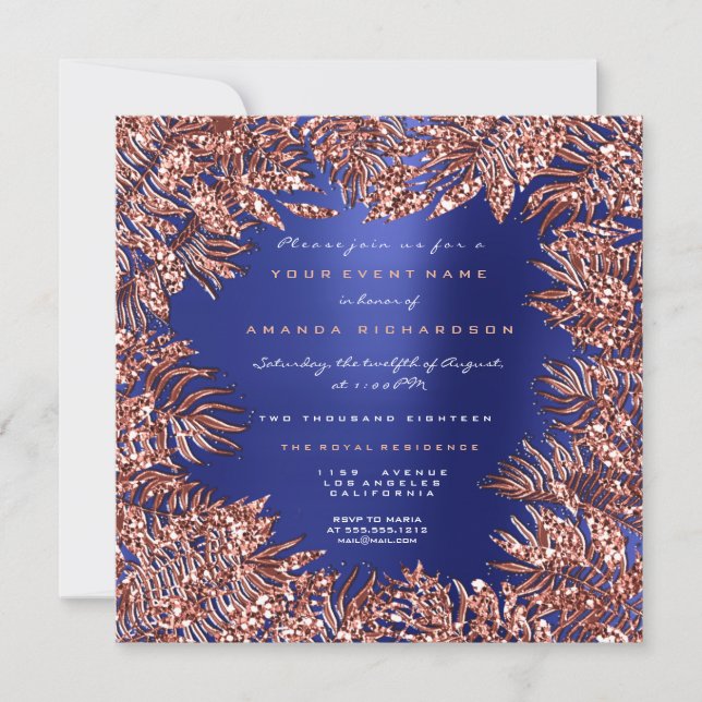 Convites Folhas Tropicais de Samambaia em Dourado Rosa Cobr (Frente)