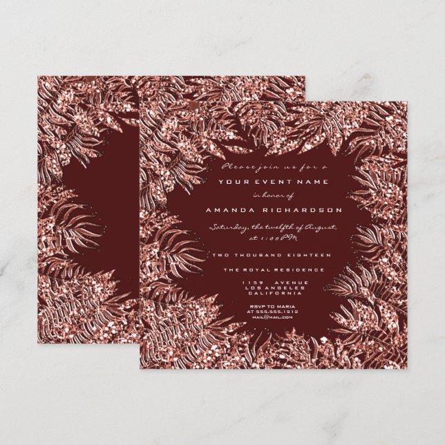 Convites Folhas Tropicais de Samambaia Quadro Rosa Dourado  (Frente/Verso)