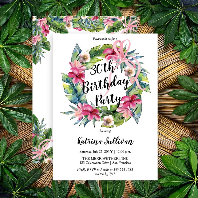 Convites Folhas tropicais | Festa de aniversário de 30 anos (Boho Tropical Hibiscus and Greenery with Pink Coquette Bow 30th Birthday Party Invitation)