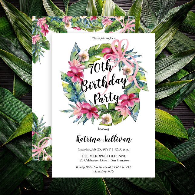 Convites Folhas tropicais | Festa de aniversário Floral-Ros (Boho Pink Hibiscus and Tropical Leaves with Pink Coquette Bow 70th Birthday Party Invitation)