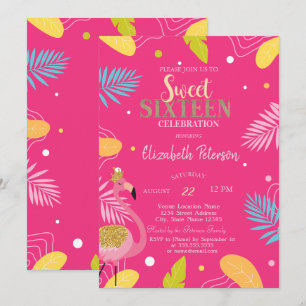Convites Folhas Tropicais Flamingos Cor-de-Rosa Doce 16