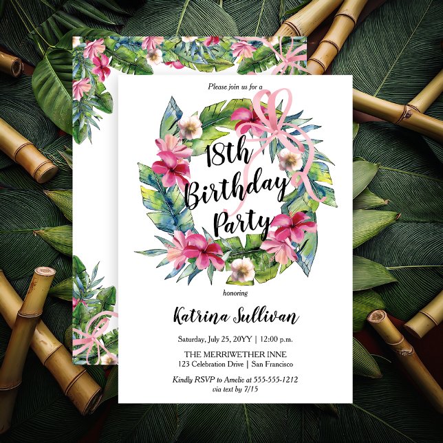 Convites Folhas tropicais | Palha cor-de-rosa 18.a Festa de (Boho Tropical Hibiscus and Greenery with Pink Coquette Bow 18th Birthday Party Invitation )