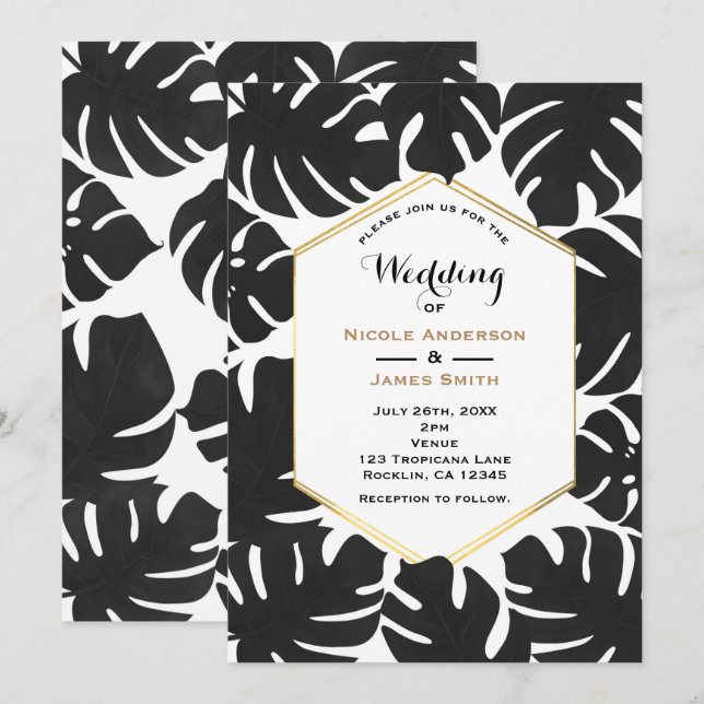 Convites Folhas Tropicais Pretas Casamento Chic Branco e Do (Frente/Verso)