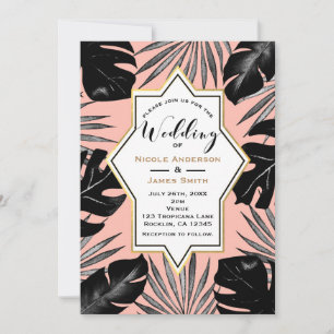 Convites Folhas Tropicais Pretas & Coral Dourado Rosa Casam