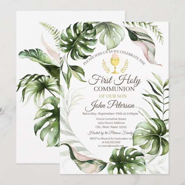 Convites Folhas Tropicais Primeira Comunhão  (Frente/Verso)