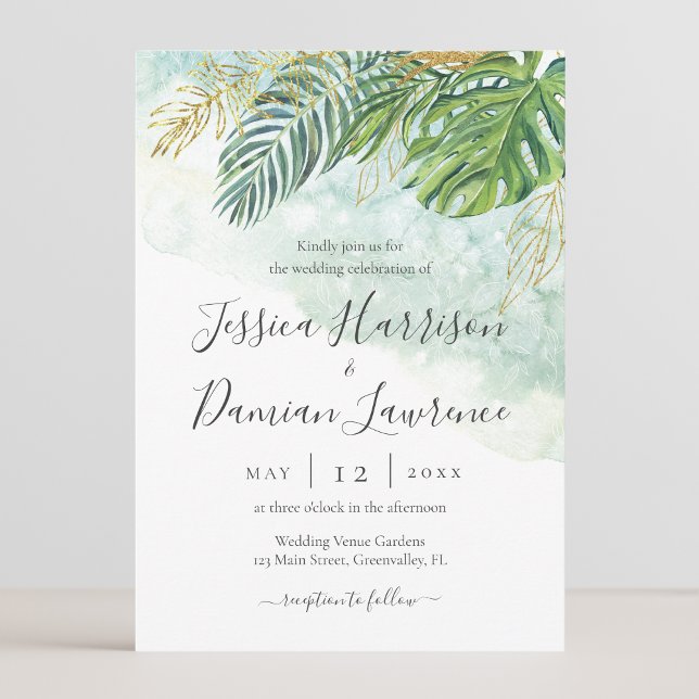 Convites Folhas Tropicais Verde Dourado Casamento (Criador carregado)